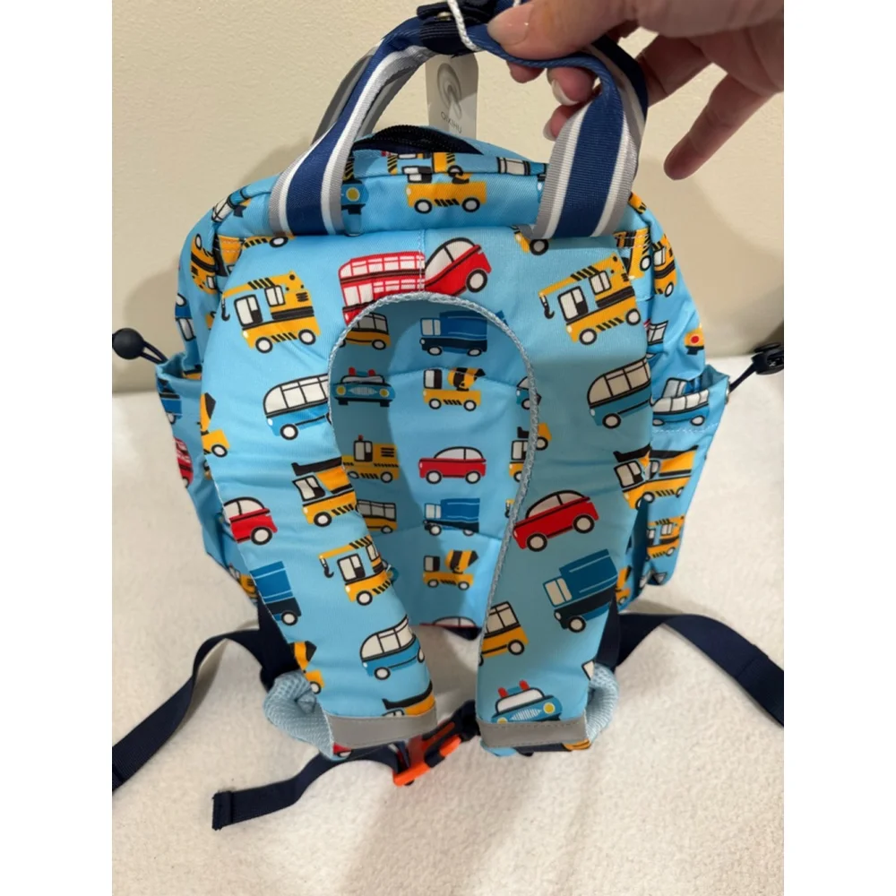 Boys QIXIU Backpack Small Blue Vehicle Print zip and side pockets adjustable